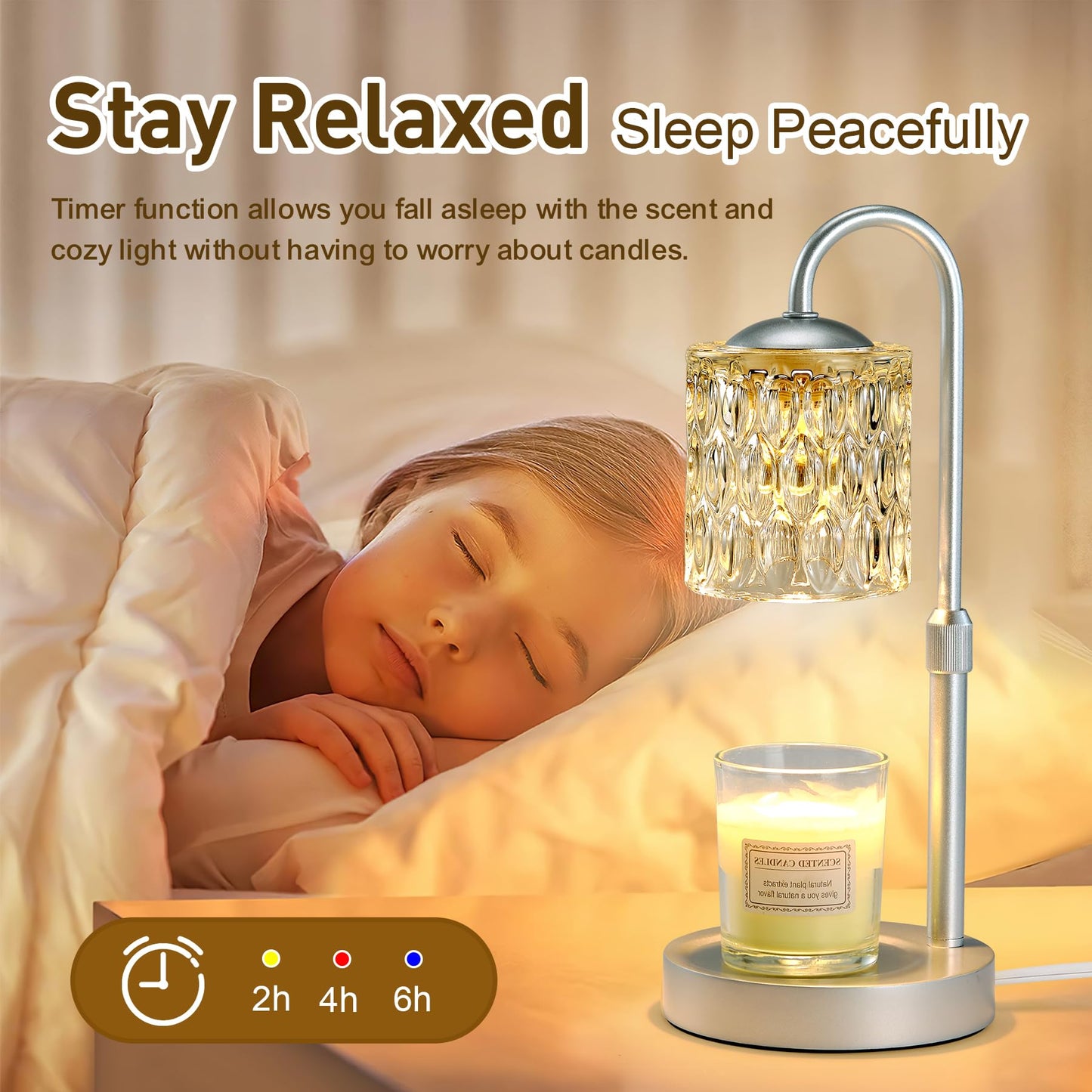 Briever Dimmable Candle Warmer Lamp with Timer, Height Adjustable Electric Candle Wax Warmer, Christmas Birthday Gifts for Women Mom, House Warming Gifts New Home Room Decor, Silver Solid Wood Base