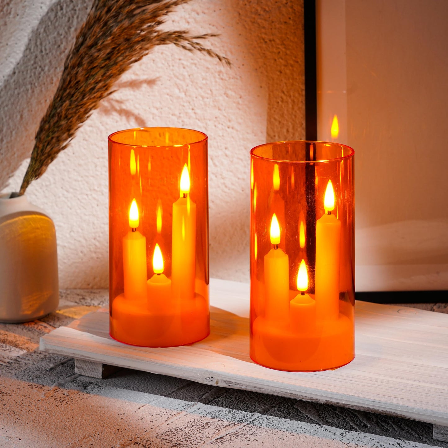Da by 2 Pack 3D Wick Flameless Taper Candles, Orange Transparent Acrylic Cover, Remote Control Flickering LED Electric Candles, Battery Operated for Halloween Thanksgiving Christmas Home Decor.