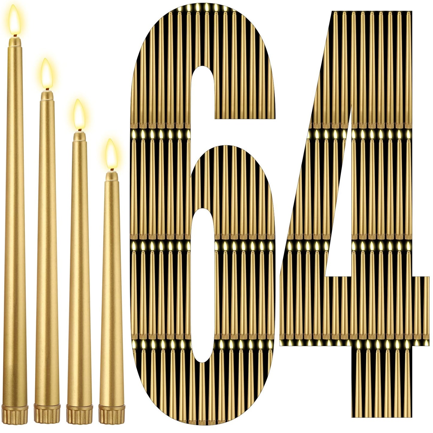 Rossesay 64 Pcs Wedding Flameless LED Taper Candles Battery Operated Candles 4 Sizes of 8.5'', 9.65'', 10.83'', 12.8'' Candlesticks Flickering for Halloween Christmas Church Wedding(Gold)