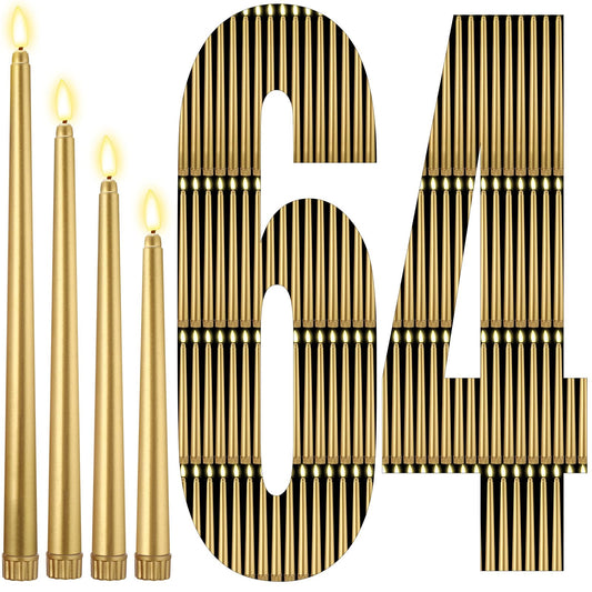 Rossesay 64 Pcs Wedding Flameless LED Taper Candles Battery Operated Candles 4 Sizes of 8.5'', 9.65'', 10.83'', 12.8'' Candlesticks Flickering for Halloween Christmas Church Wedding(Gold)