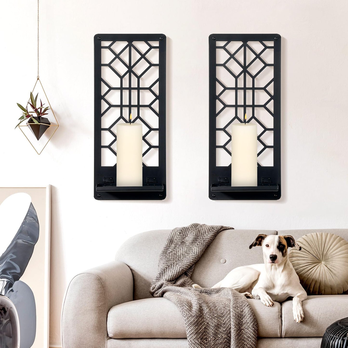 Zzbakress 2 Pcs Black Metal Wall Art Bathroom Decor Candle Holder Wall Art Retro Line Wall Decor Living Room Minimalist Metal Wall-Mount Candle Sconces for Dining Room Bedroom Kitchen (Black-Retro)