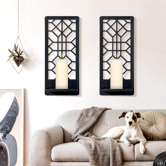 Zzbakress 2 Pcs Black Metal Wall Art Bathroom Decor Candle Holder Wall Art Retro Line Wall Decor Living Room Minimalist Metal Wall-Mount Candle Sconces for Dining Room Bedroom Kitchen (Black-Retro)