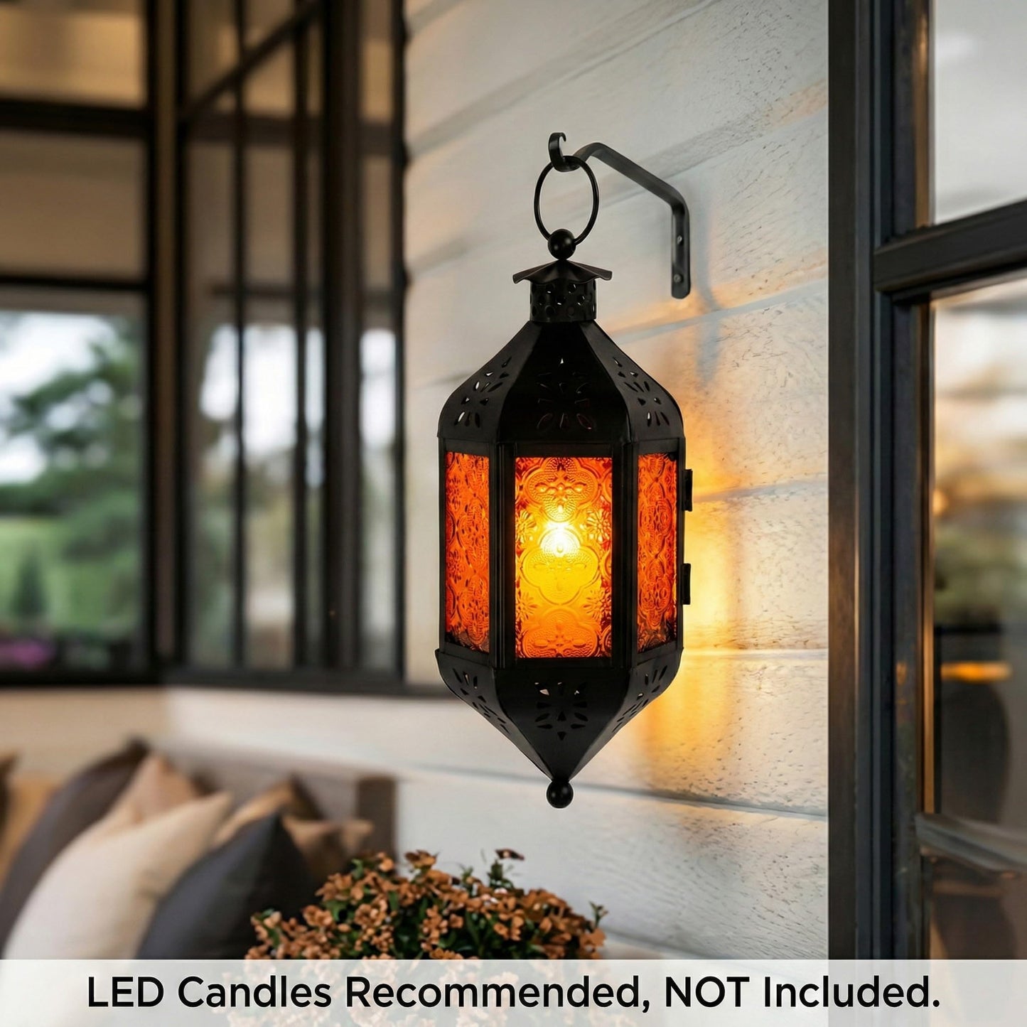 Vela Lanterns Hanging Moroccan Lamp - Exotic Decorative Patio & Porch Decor, Indoor Outdoor Tea Light Candle Lantern Holder with Chain (11" Medium, Amber Glass, 3-Pack)