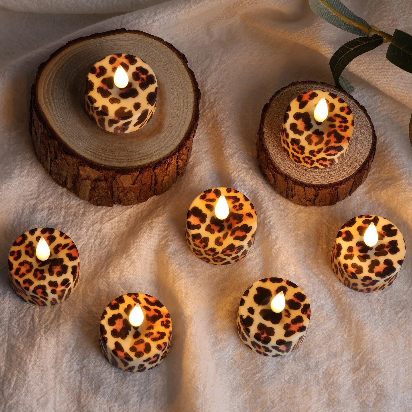 Eywamage Leopard Flameless Tealights with Remote Batteries, Flickering Cheetah LED Tea Votive Candles Set of 12
