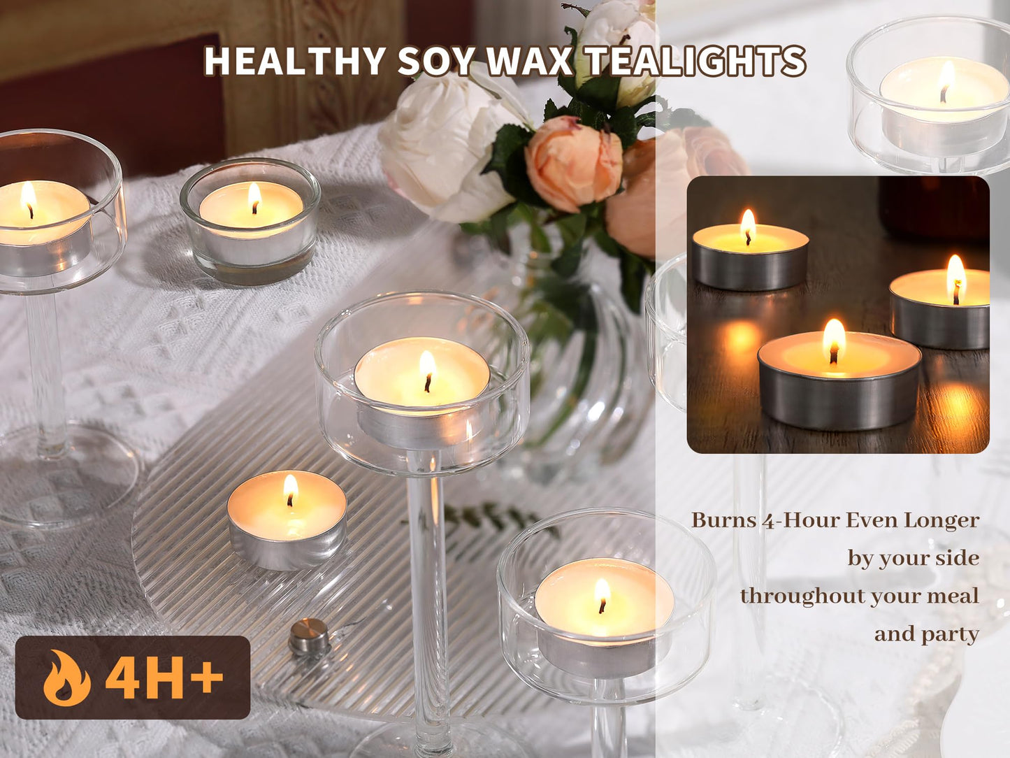 50 Pcs Soy Wax Tealight Candles,100% Natural- 4 Hours White Soy Tea Lights Candle, Paraffin-Free/Unscented Small Tea Candles for Party, Home, Wedding, Emergency