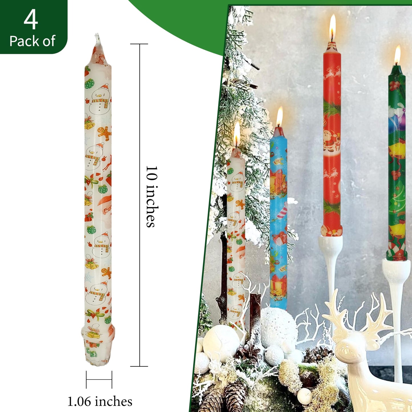 XINAOBAOLUO Taper Candles Christmas Printed 4 PCS 10 Inch Tall Unscented Handmade Tapered Candles for Christmas Dinner Household Wedding Party Housewarming Home Decor