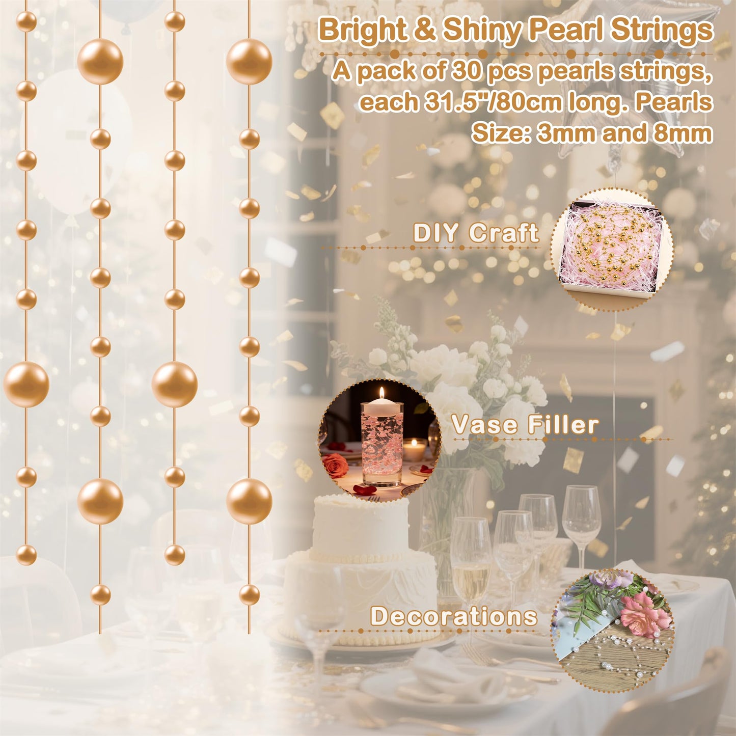 YATOJUZI 30 PCS Artificial Pearl String Rose Gold Vase Filler Floating Pearls for Vases Centerpieces Faux Pearl Beads String Decorations Wedding Holiday Party Decor