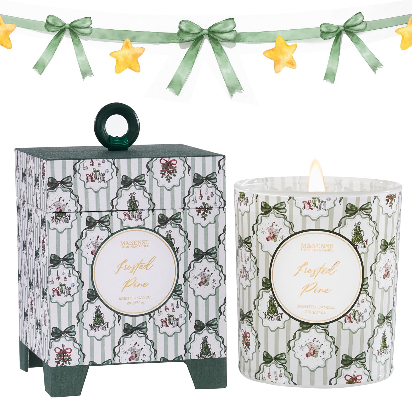 M&SENSE Christmas Holiday Candle - Frosted Pine Scent, 7.4oz Soy Wax, Winter Scented Candle Gift for Women and Teen Girls