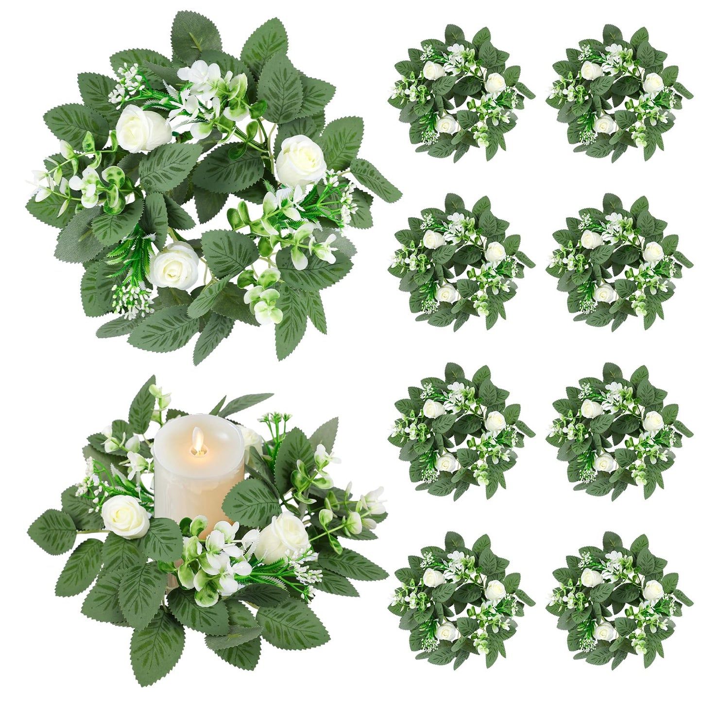 10PCS Wedding Rose Candle Rings Artificial Floral Eucalyptus Leaves Wreaths Faux Candle Rings Summer Greenery Candleholders Garland Pillar Holder for Bridal Shower Bachelorette Party Table Decor