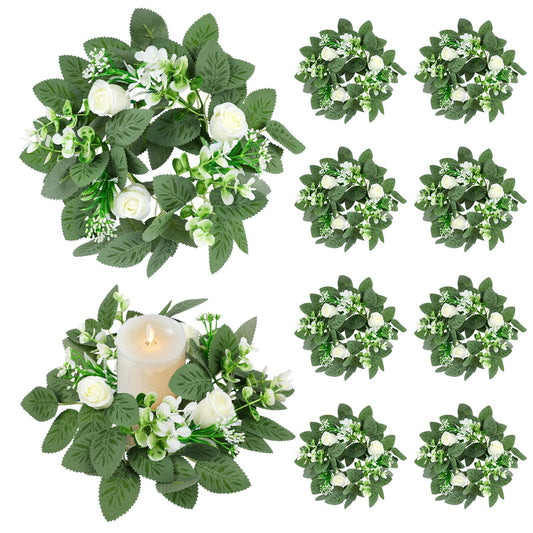 10PCS Wedding Rose Candle Rings Artificial Floral Eucalyptus Leaves Wreaths Faux Candle Rings Summer Greenery Candleholders Garland Pillar Holder for Bridal Shower Bachelorette Party Table Decor