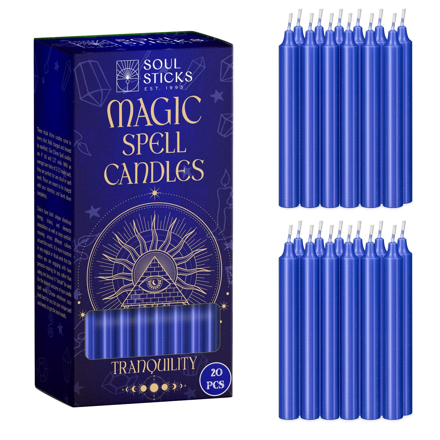 SOUL STICKS Tranquility Magic Spell Chime Taper Candles 20 Pack - Ideal for Altar, Rituals, Ceremonies, Meditation Blue Tapered Candle for Witchcraft Supplies, Wiccan Supplies, Candles Clearance