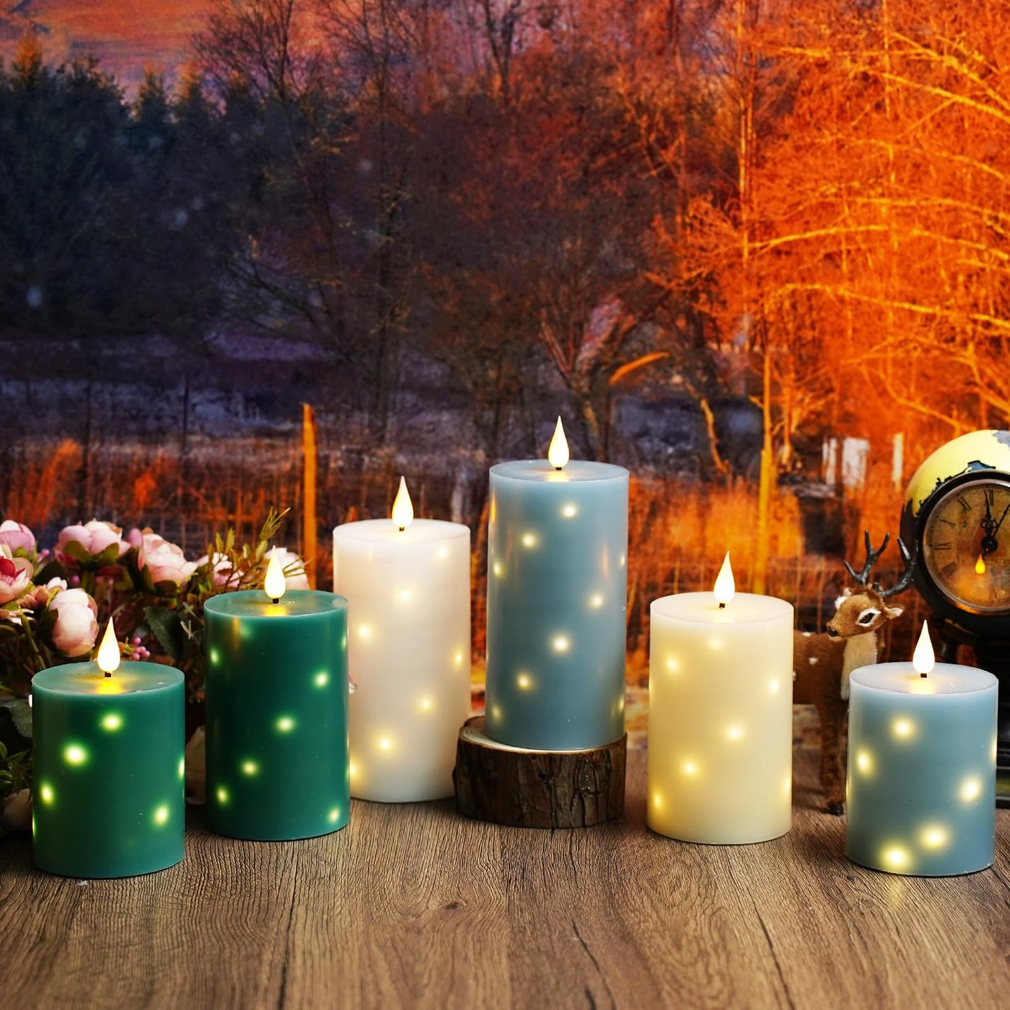 JINYANIA Flameless Candles with Embedded Star String, Real Wax Battery Operated Candles with Remote Timer, Flickering Pillar LED Candle Set for Home Decor Romantic Ambiance （Green）