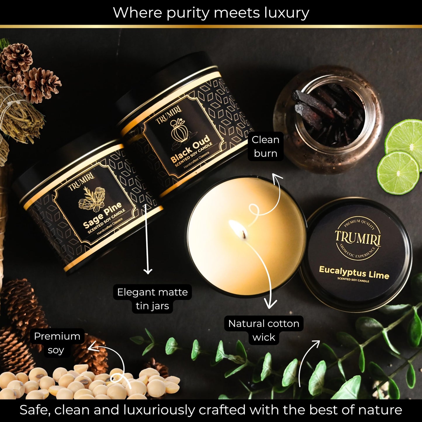 Candle Gift Set of 3 Black Oud|Sage Pine|Eucalyptus Lime Strong Scented Soy Candels Clean Non Toxic Velas Aromáticas Favors for Women Coworkers Friends Guests Also for Fall Diwali Christmas Holidays