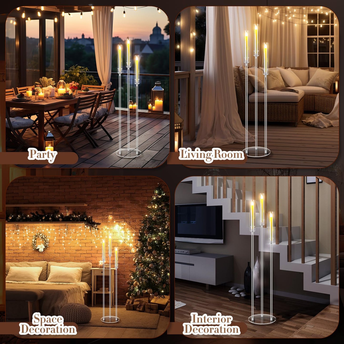 Havawish 6 Set Acrylic Candelabra Centerpieces 3 Arms with 18 LED Candles 42.5'' Floor Tall Candle Holders with Acrylic Shade Wedding Clear Table Candlesticks Stand Fit 0.8'' for Party