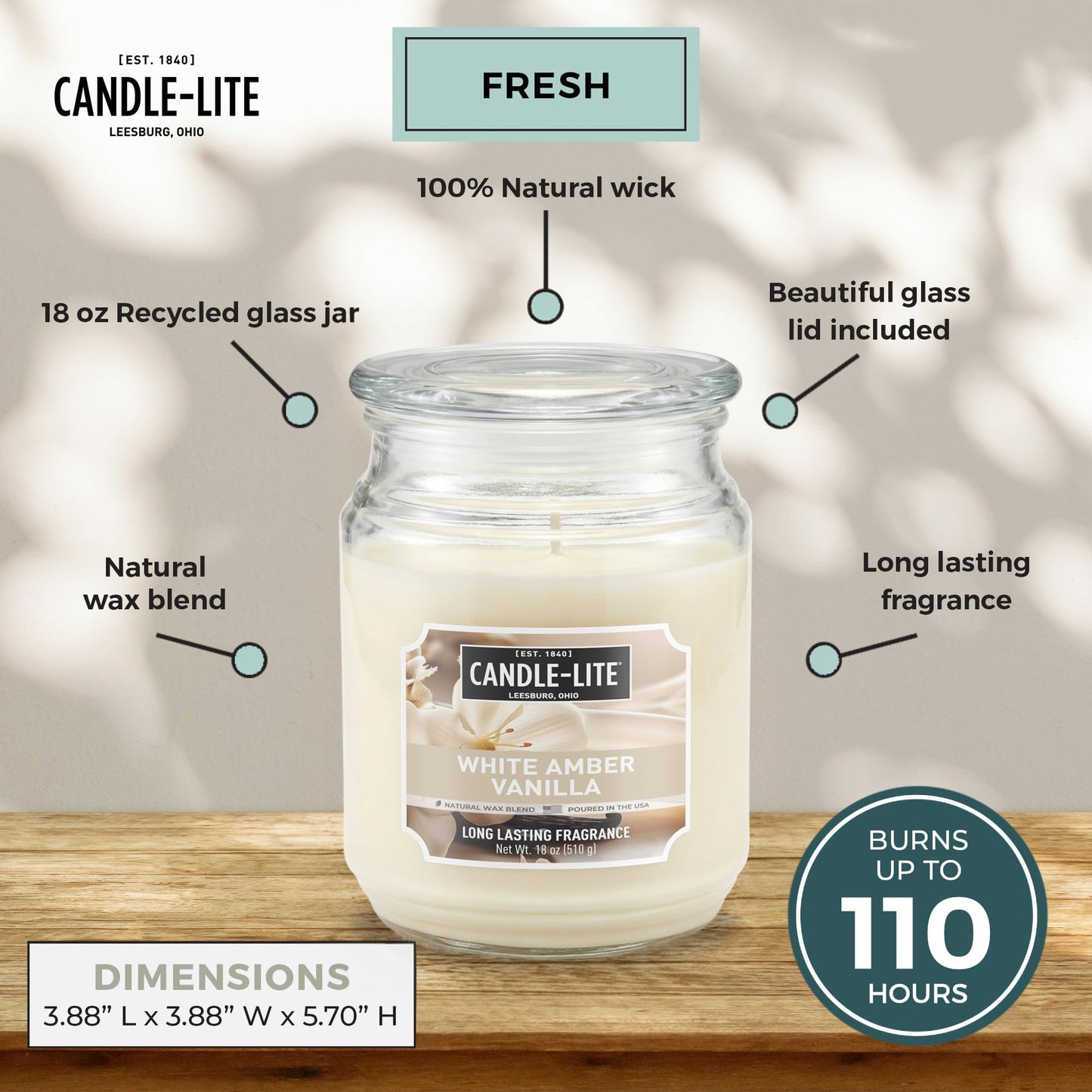 Candle-lite Scented Candles, White Amber Vanilla, 18 oz Jar, Proudly Poured in the USA, Aromatherapy Candle, Single-Wick with 110 Hours of Burn Time, Perfect for Creating a Relaxing Ambiance