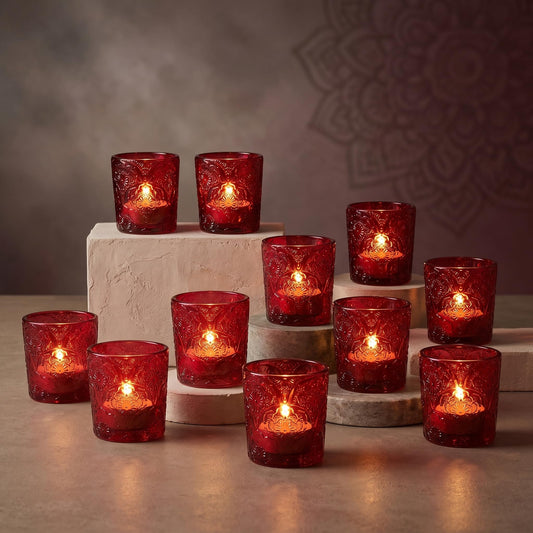 12 Pack Mandala Embossed Glass Candle Holders – Votive Tealight Holders with Patent Design, Decorative Embossed Glass Cups for Wedding Centerpieces, Parties, and Home Décor (Crimson Glow)