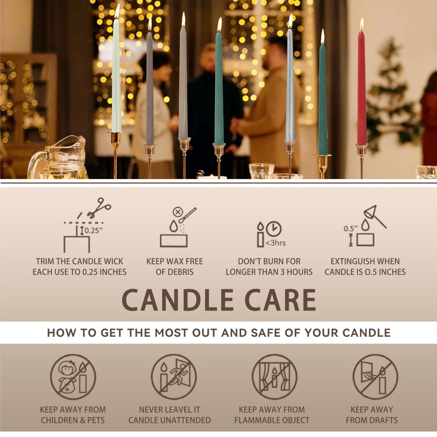10 inch Cinnamon Taper Candles Set of 4 Unscented Taper Candles Smokeless Candle - Slow Burning Candle Sticks for Home Wedding Dinner Holiday Party