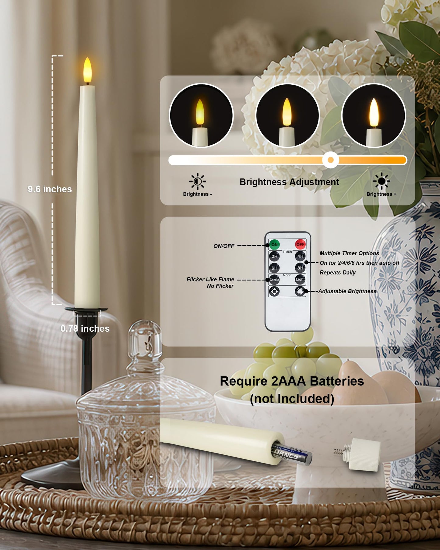 Homemory 9.6 Inches Waxy Flameless Taper Candles with Remote Timer Dimmer, Flickering LED Candlesticks, Battery Operated Window Candle for Christmas Wedding Home Decor, Ivory, 6 Pcs