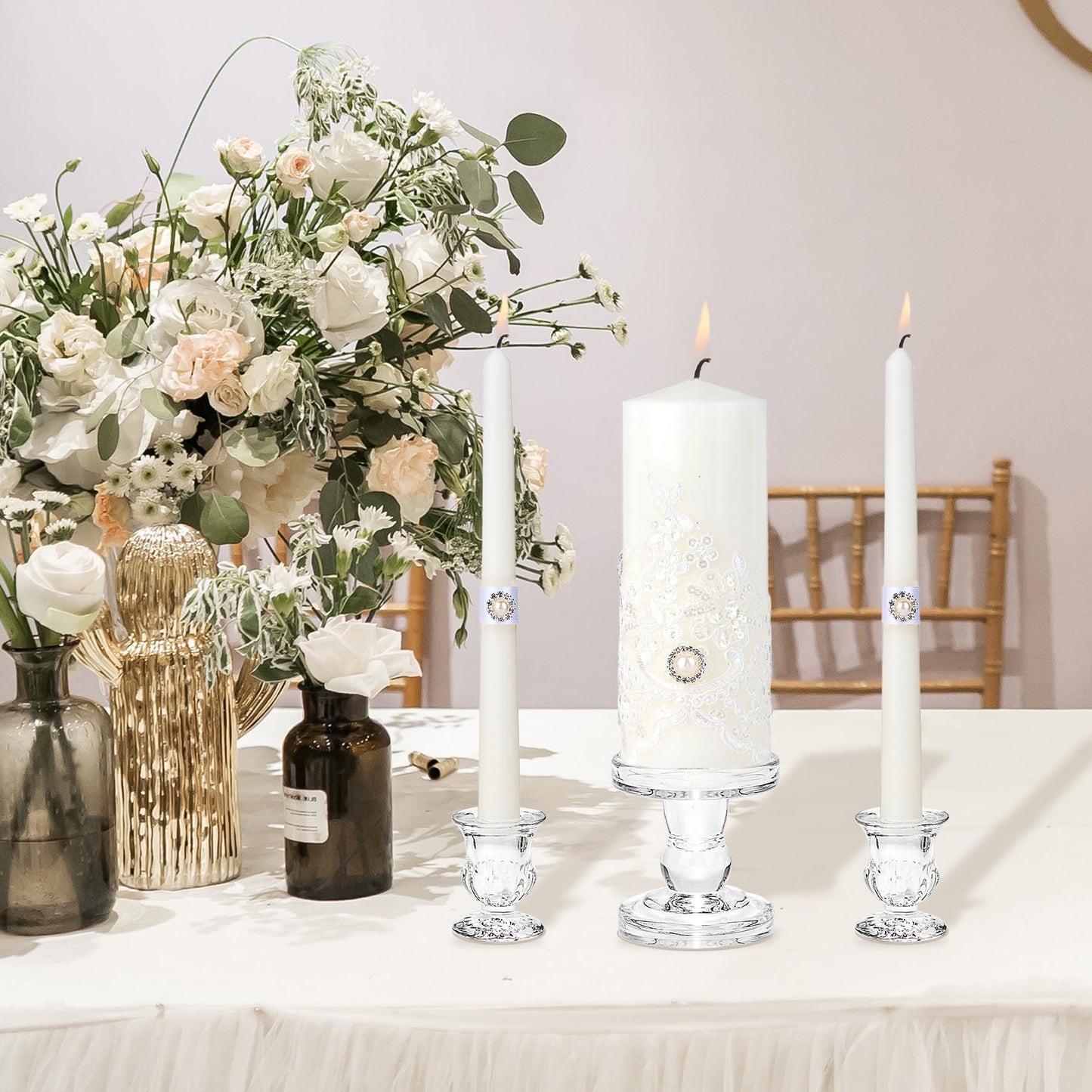 Unity Candles with Glass Candle Holder for Wedding Ceremony - Unity Candle Set Wedding Candles for Ceremony, Unity Ideas for Religious Anniversary Newlyweds Unity Candle Gifts