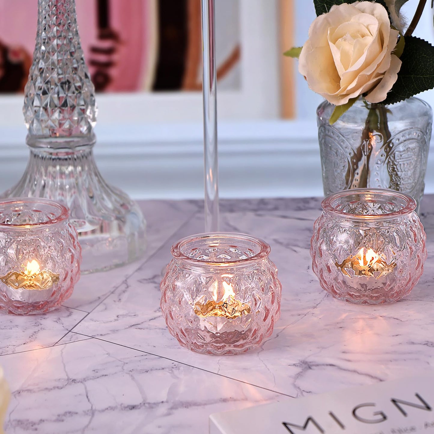 DARJEN 48Pcs Pink Votive Candle Holders- Round Candle Holders Bulk for Flameless LED Tea Waxes, Romantic Candle Holder for Wedding & Home Table Decor, Various Parties