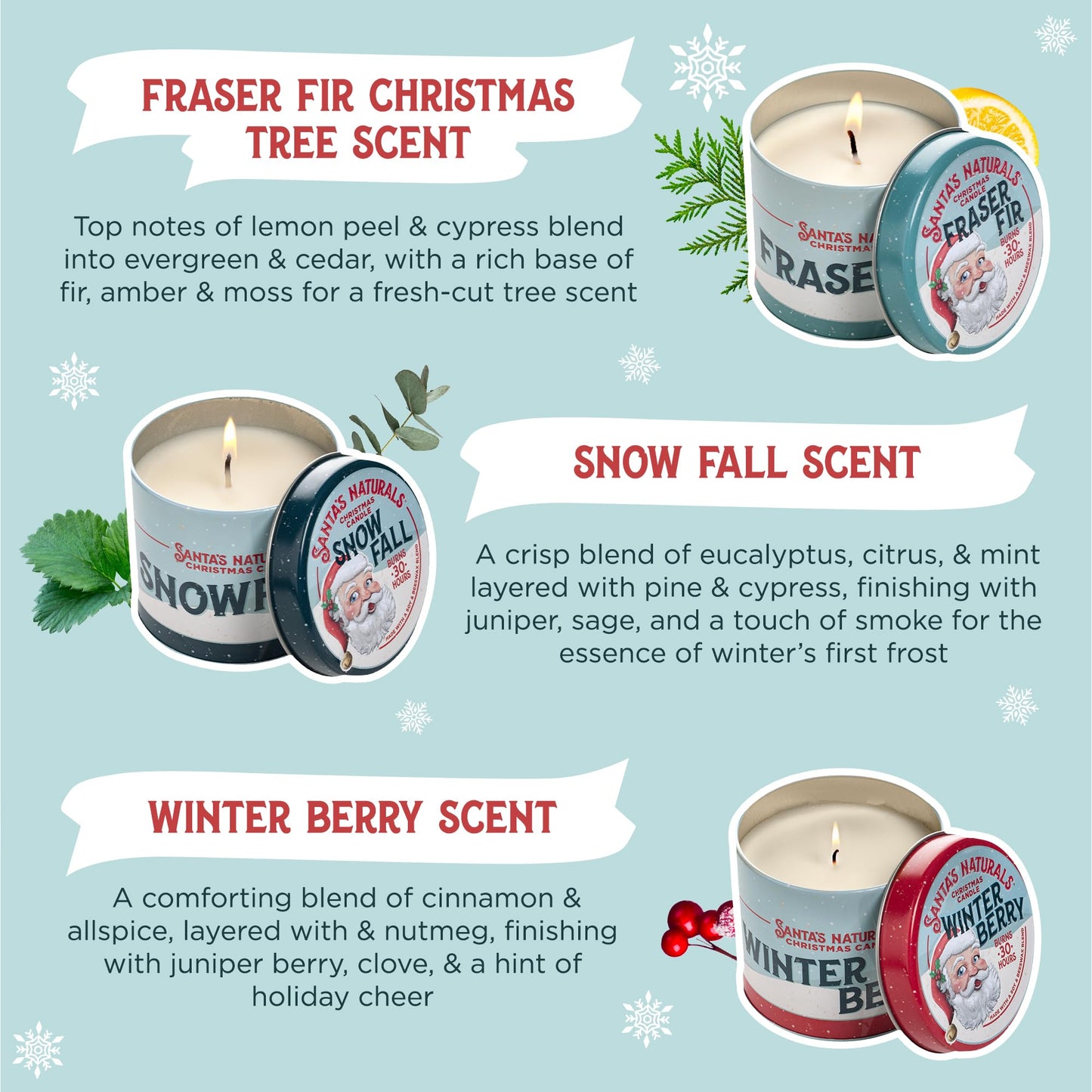 Santa's Naturals Christmas Candle Bundle, Fraser Fir, Winter Berry & Snow Fall Scents, Soy & Beeswax, 30-Hour Burn Time, 9oz, 3-Pack