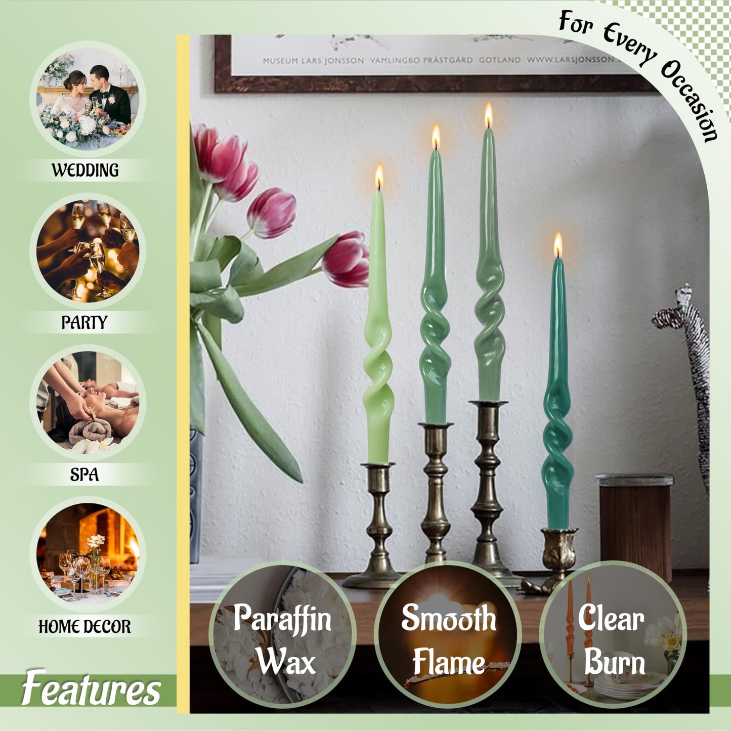 FLAMMUL Gradient Green Taper Candles 9.5 Inch Smokeless Spiral Candle Sticks Unscented Handmade Candlesticks for Seasons Home Decor 4 PCS