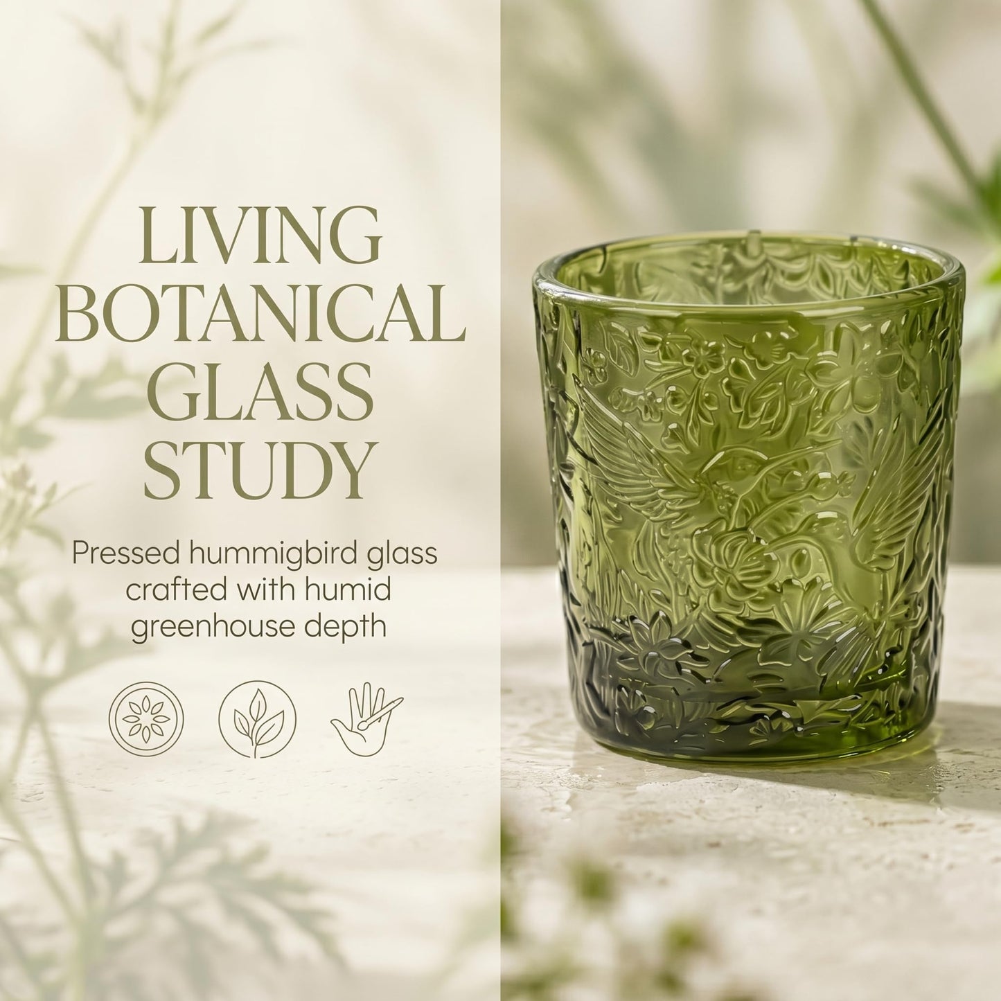 12 Pack Hummingbird Embossed Glass Candle Holders – Votive Tealight Holders with Patent Design, Decorative Embossed Glass Cups for Wedding Centerpieces, Parties, and Home Décor (Moss Green)