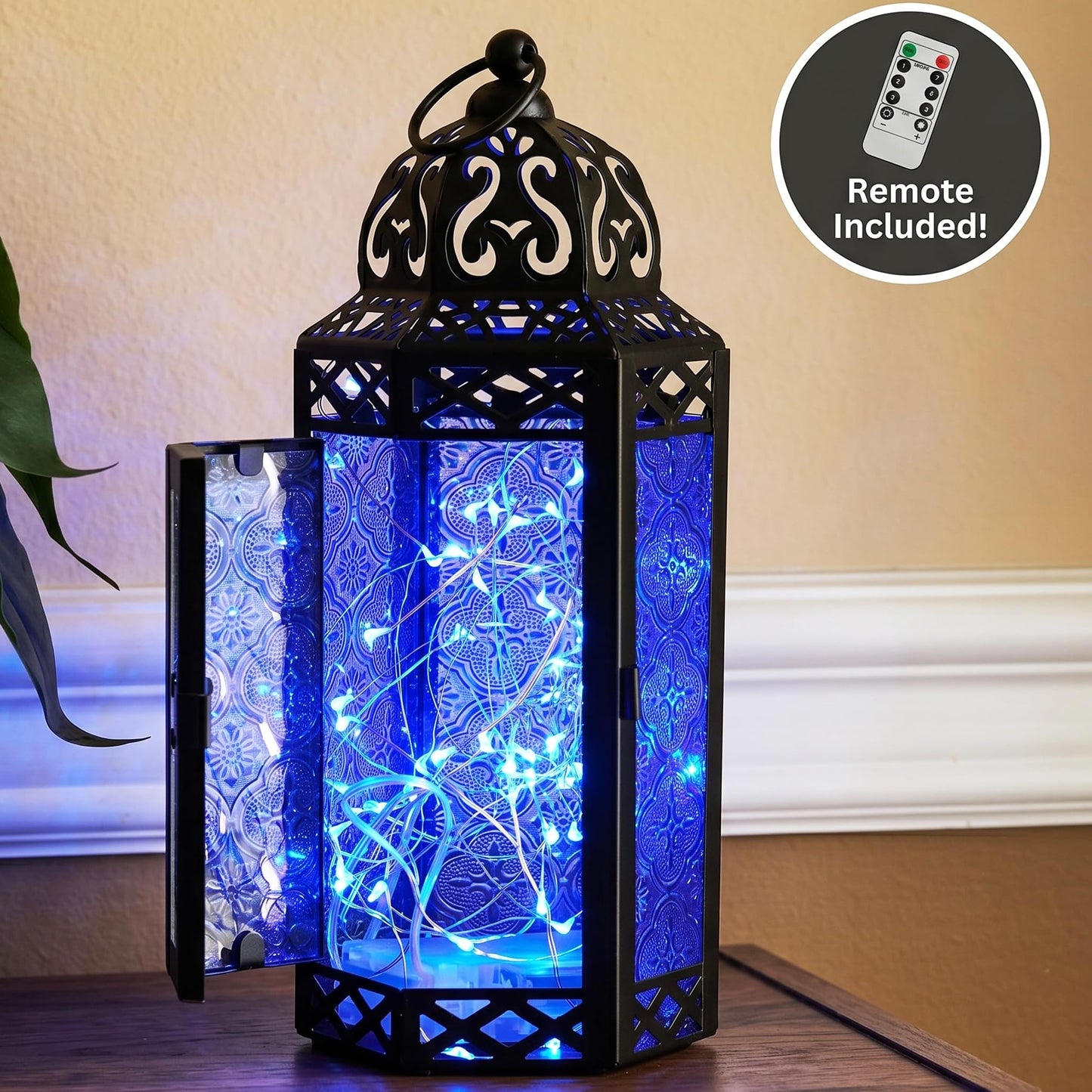 Vela Lanterns Decorative Indoor Moroccan Candle Holder & LED Fairy Lights -Twinkle Turkish Lamp, Fantasy Home Decor Table Centerpieces, Hanging Outdoor Patio Porch Wedding Ramadan (10.5", Cobalt)
