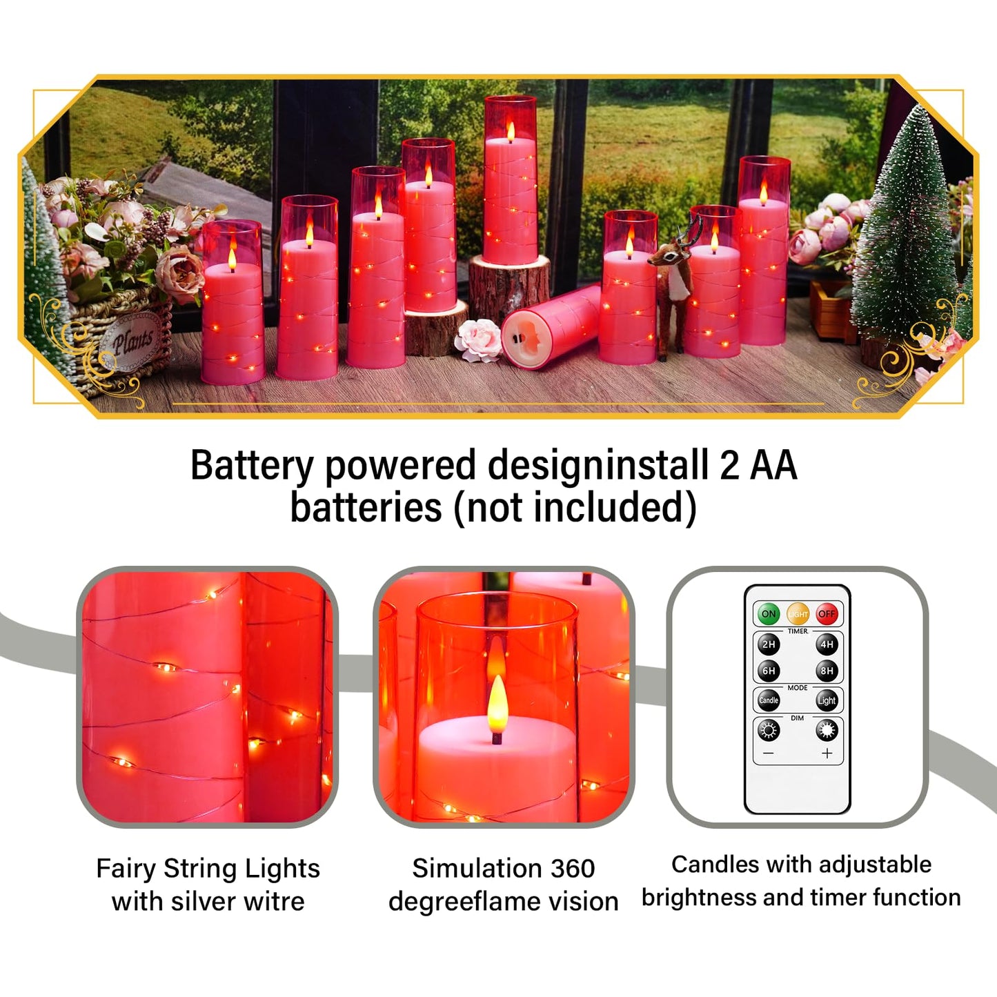 Eebuss Flameless Candles with Embedded Star String, Battery Operated LED Pillar Candles with Timer and Remote Control,Home Decorating for Ambiance， Set of 7 (Pink)