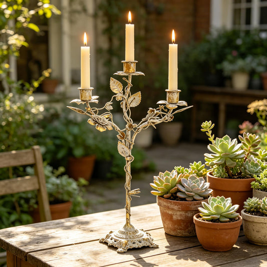 Vintage Rustic Iron Taper Candle Holder 3 Arms Flower Metal Candelabra Distressed White Candlestick for Centerpiece Table Mantel Handmade Candle Stick Stand for Wedding Dining Party Home Xmas Decor