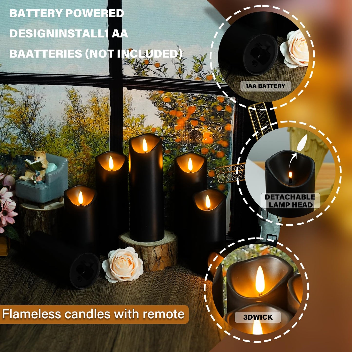 Nimiko Flameless Candles with Remote, Battery Operated Flickering Flameless Candles, LED Candles with Timer 2/4/6/8H, with Realistic LED Candles Set of 24 (D2.2 x H 5" 6" 7") (Black)