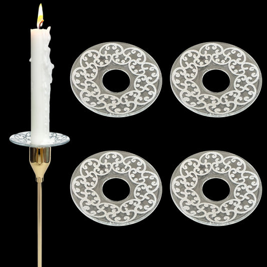 VGEUNA 4 Pieces Patterned Glass Bobeches for Candlestick Holder, Silver Glitter Design, Candle Drip Protector Guard, Wax Catcher Ring Accessories (Silver Glitter)