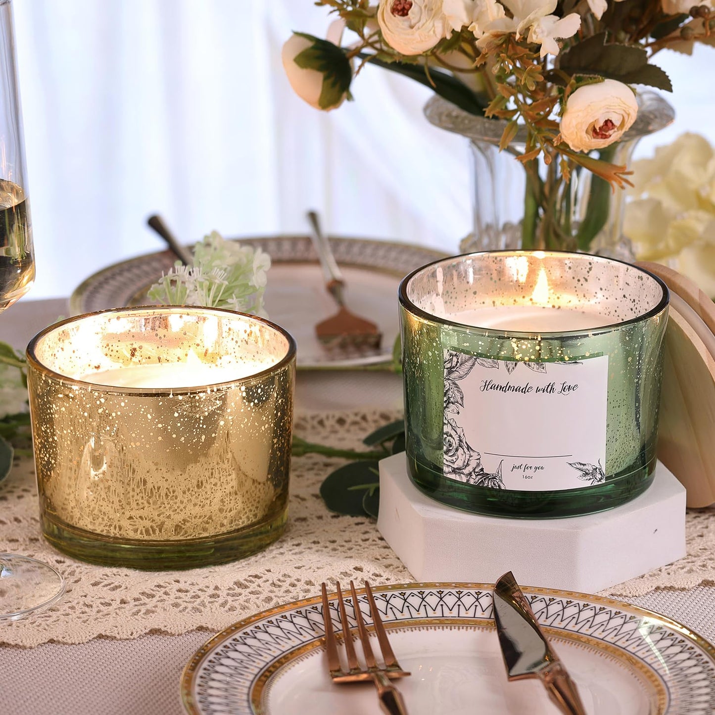 simeitol 16 OZ Green Candle Jars for Making Candles 6 Pcs, Glass Candle Jars with Airtight Bamboo Lids - Empty Candle Jar Bulk with Sticky Warning Labels - for Home Decor, Wedding, Christmas