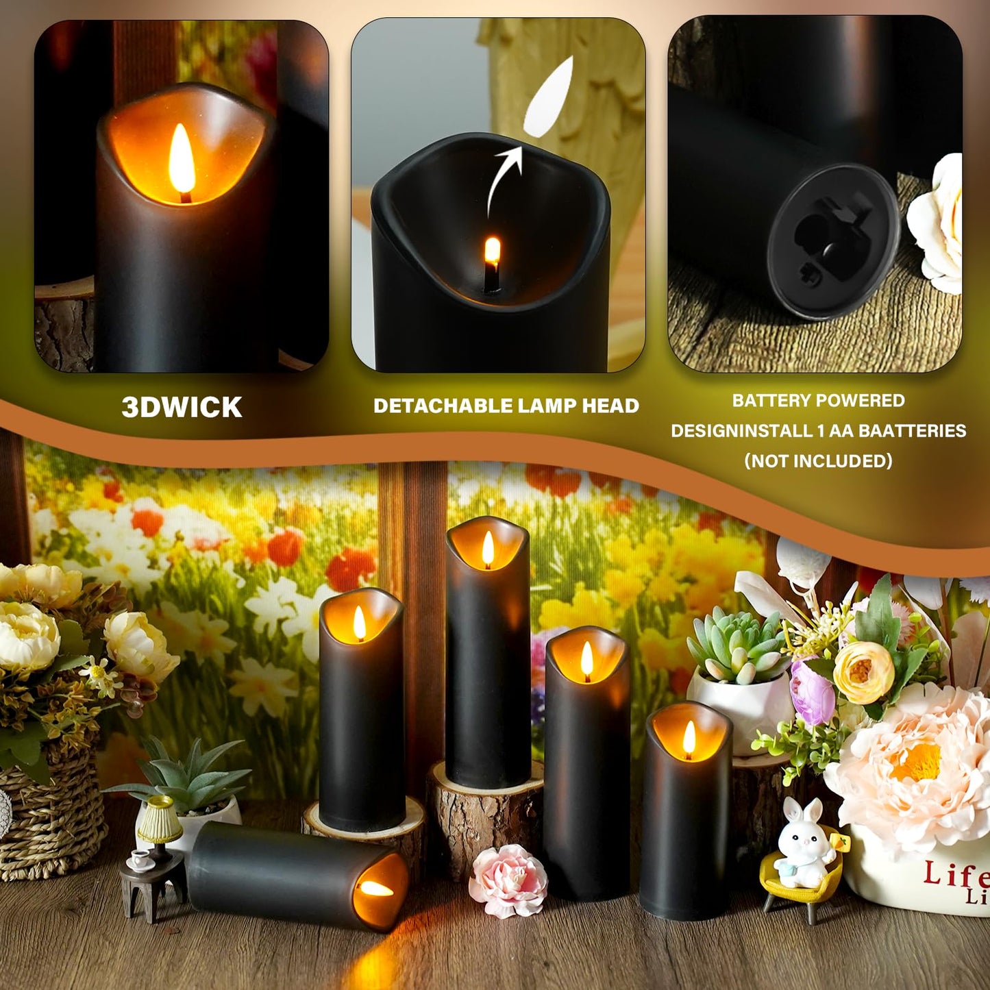 kakoya Flickering Flameless Candles, Battery Operated Plastic LED Pillar Candles with Remote Control and Timer, Set of 24 (Black)