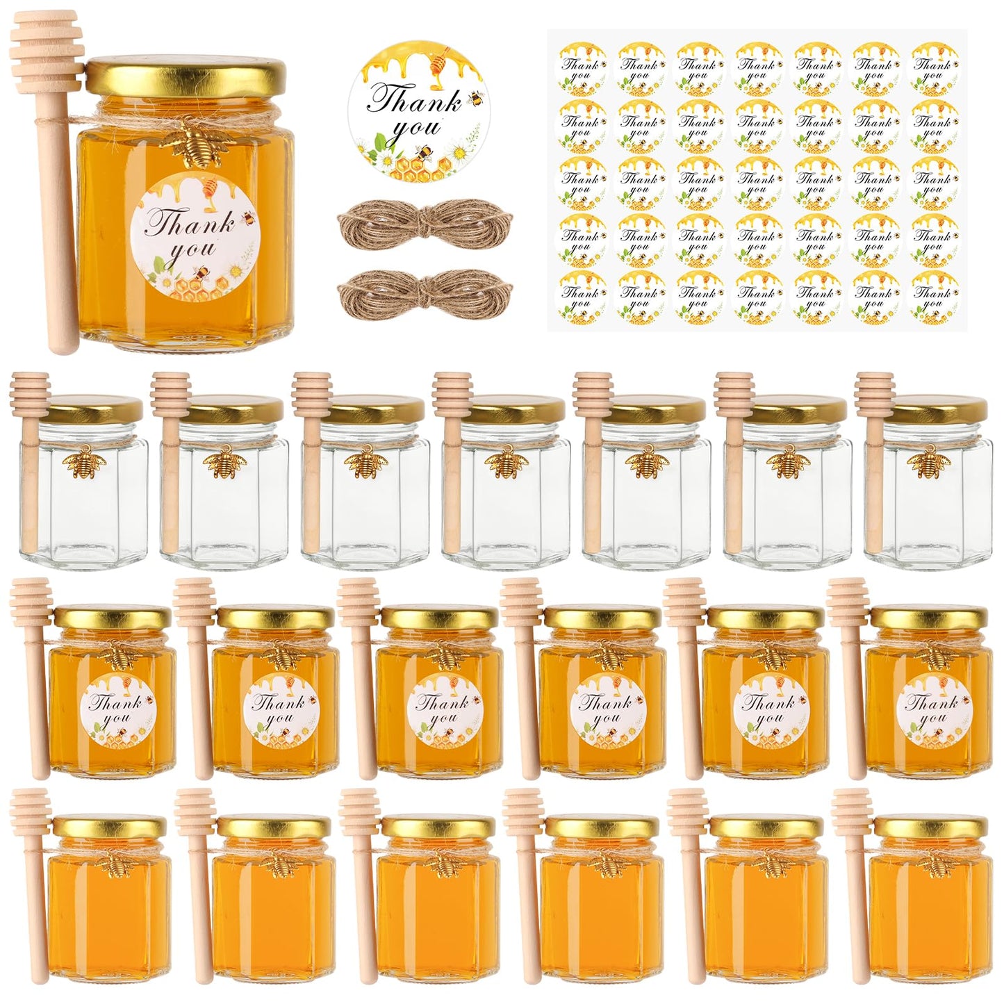 BIGIVACA 3 oz Mini Honey Jars - 20 Pack Hexagon Glass Jars with Wood Dippers, Gold Lids, Bee Pendants, Jutes, Stickers for Wedding Favors, Party Favors, Candle Making
