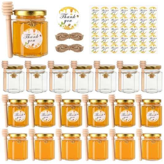 BIGIVACA 3 oz Mini Honey Jars - 20 Pack Hexagon Glass Jars with Wood Dippers, Gold Lids, Bee Pendants, Jutes, Stickers for Wedding Favors, Party Favors, Candle Making