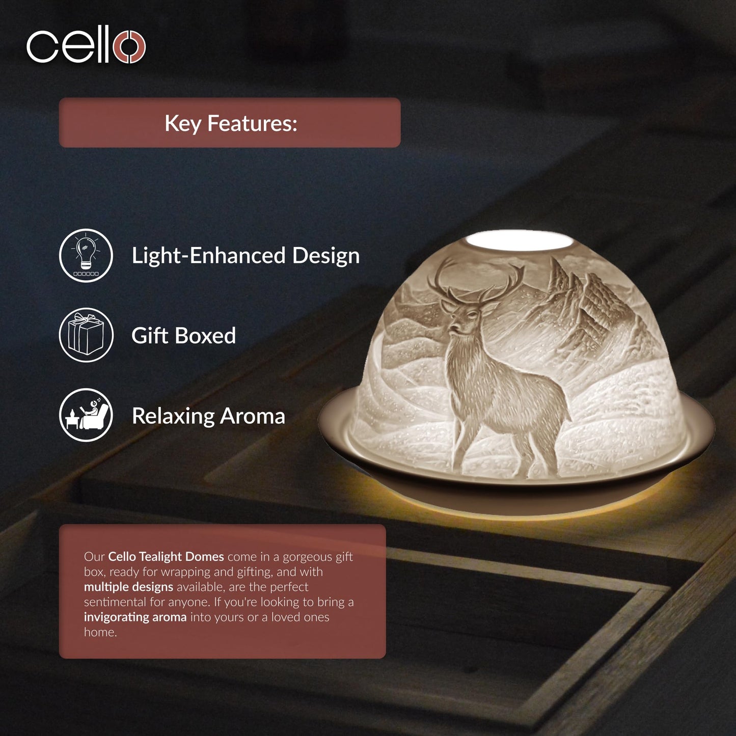 Cello Porcelain Tealight Holder Dome - Highland Stag Design with 3D Projection Image & Message Scented Unscented LED Candle Wax Warmer Animal Nature Deer Gifts Ornament Home Birthday Easter Present