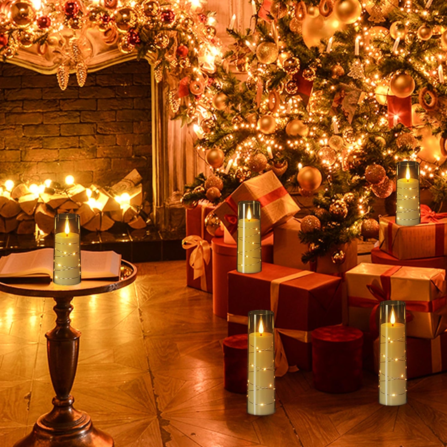 Wondise Flameless Flickering Candles with Embedded Star String Remote and Timer Battery Operated Flickering LED Candles Durable Acrylic Shell Pillar Candles for Christamas Home Decoration (Grey