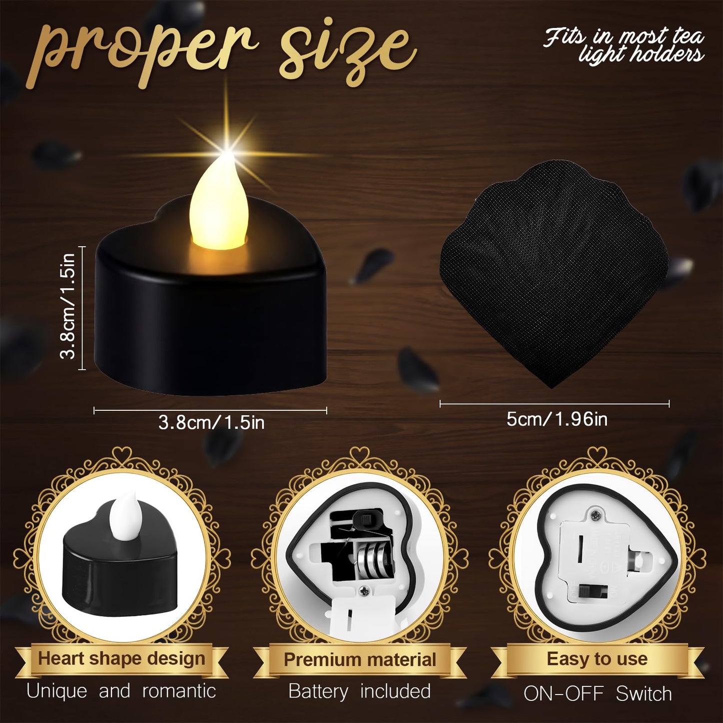 Coume 6000 Pieces Artificial Rose Petal 72 Pieces LED Tealights Candle, Romantic Decorations Special Night Rose Petal Heart Candle for Valentines Wedding Anniversary Proposal Decor(Balck)