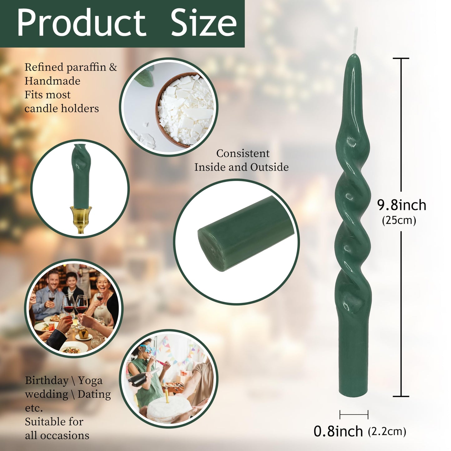 Spiral Taper Candles Green Taper Candles Smokeless Dinner Twisted Green Candlesticks Unscented Handmade Long Candle Sticks for Christmas Wedding Home Decor Special Occasions & Celebrations