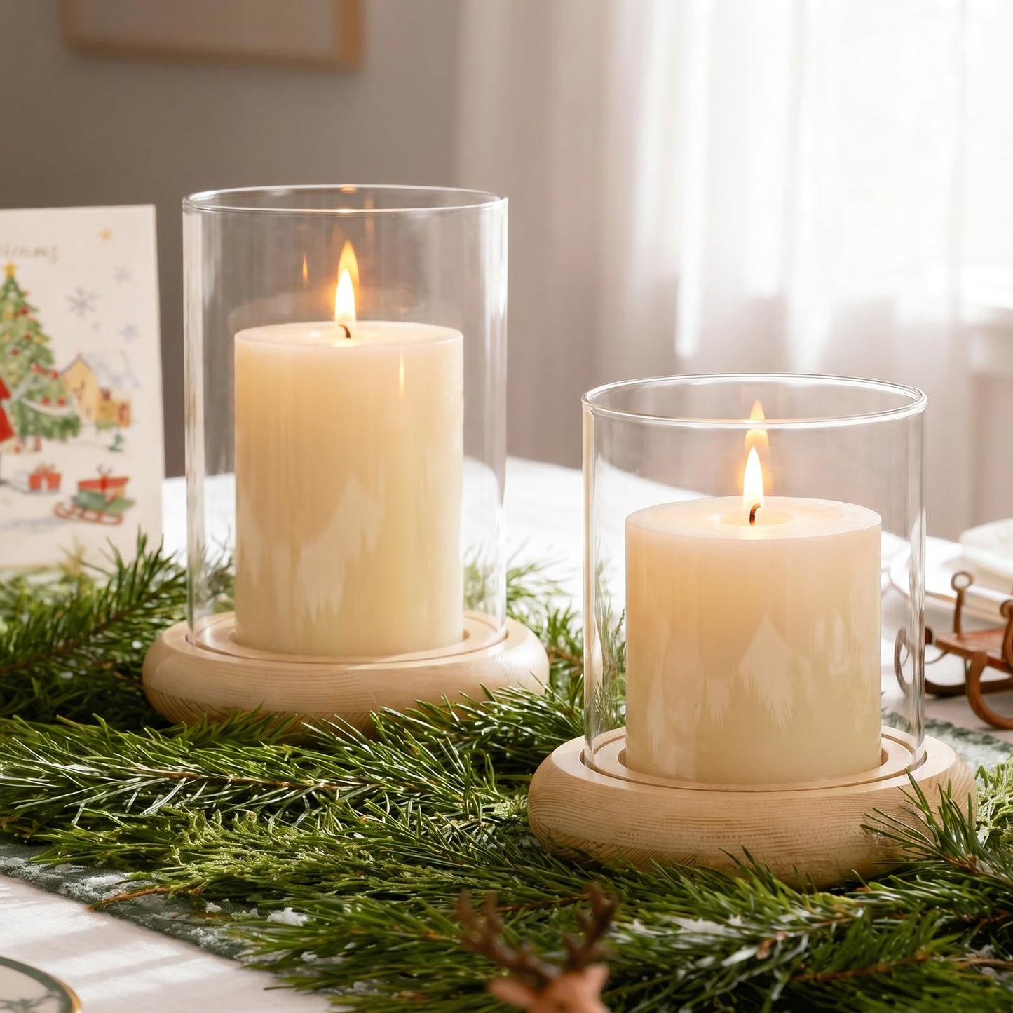 Set of 2 Hurricane Glass Candle Holders with Natural Brown Wood Base Decorative Candle Lantern, Farmhouse Rustic Boho Table Centerpieces Decor for Living Room, Outdoor Home Decor