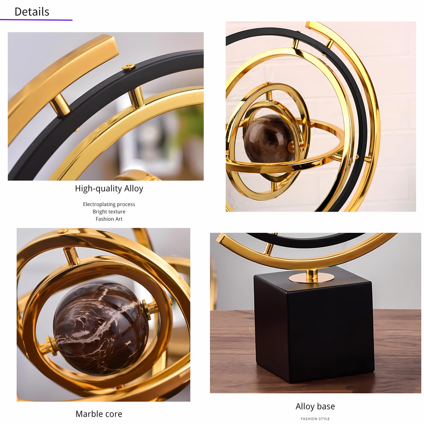 BG-DRGNING Gold Globe Abstract Art Decor, Sculptures with Rectangle Stands, Desk Decor - Black & Gold (XL, Globe)