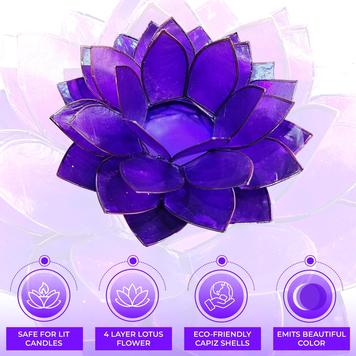 Moonshadow Handmade Capiz Shell Lotus Tea Light Holder, Elegant Flower Design with Natural Translucent Finish, Ideal for Home Decor, Meditation, Weddings & Serene Centerpieces, Purple