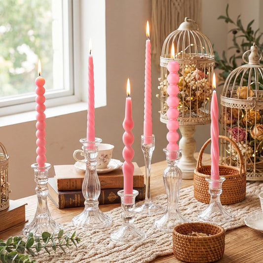 Conelist 10 Inch Pink Twisted Taper Candles Set of 6, Tall Smokeless Twisted Candlesticks for Wedding Holiday Birthday Home Party Decorations