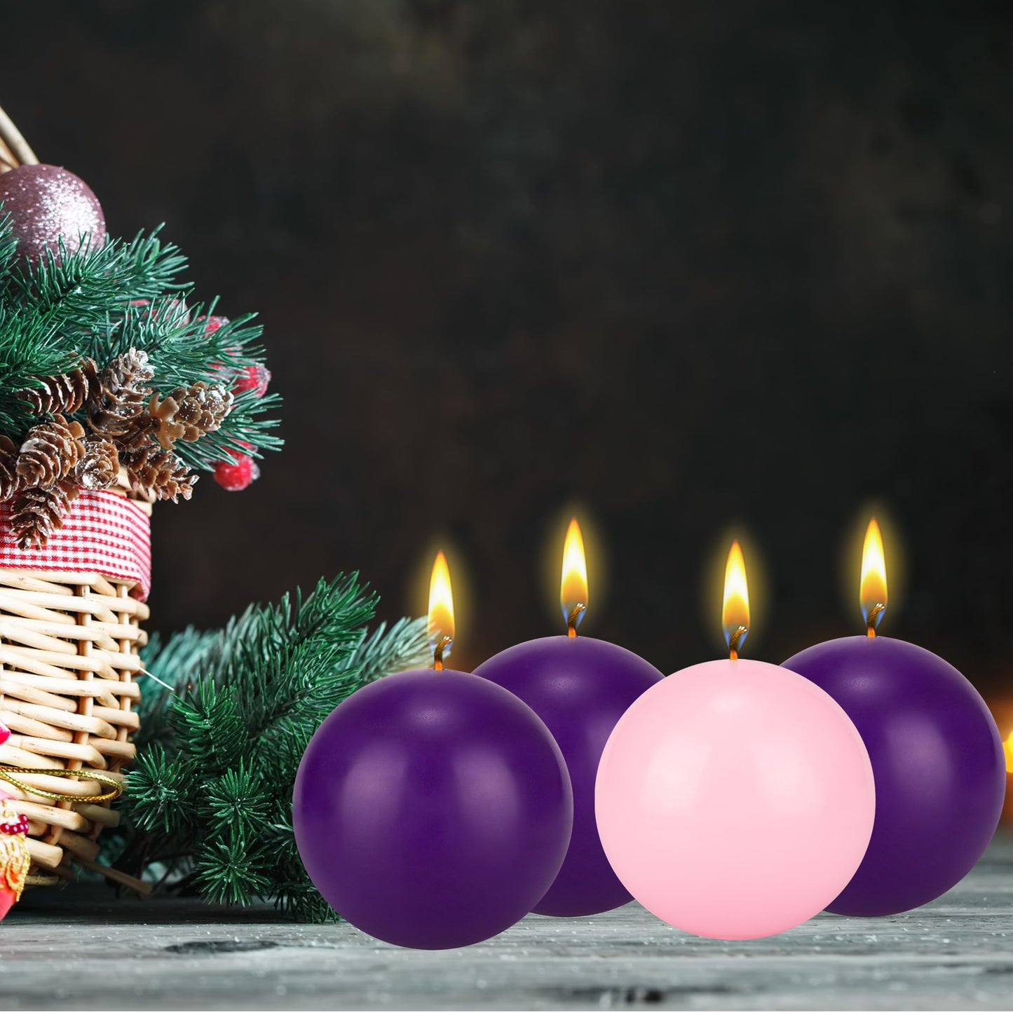 Mega Candles 4 pcs Unscented Christmas Advent Candles Set, Hand Poured Premium Wax Round Ball Candle 4 Inch Diameter, Holidays, Festivities, Devotional, Church, Wreath, Party, Gifts