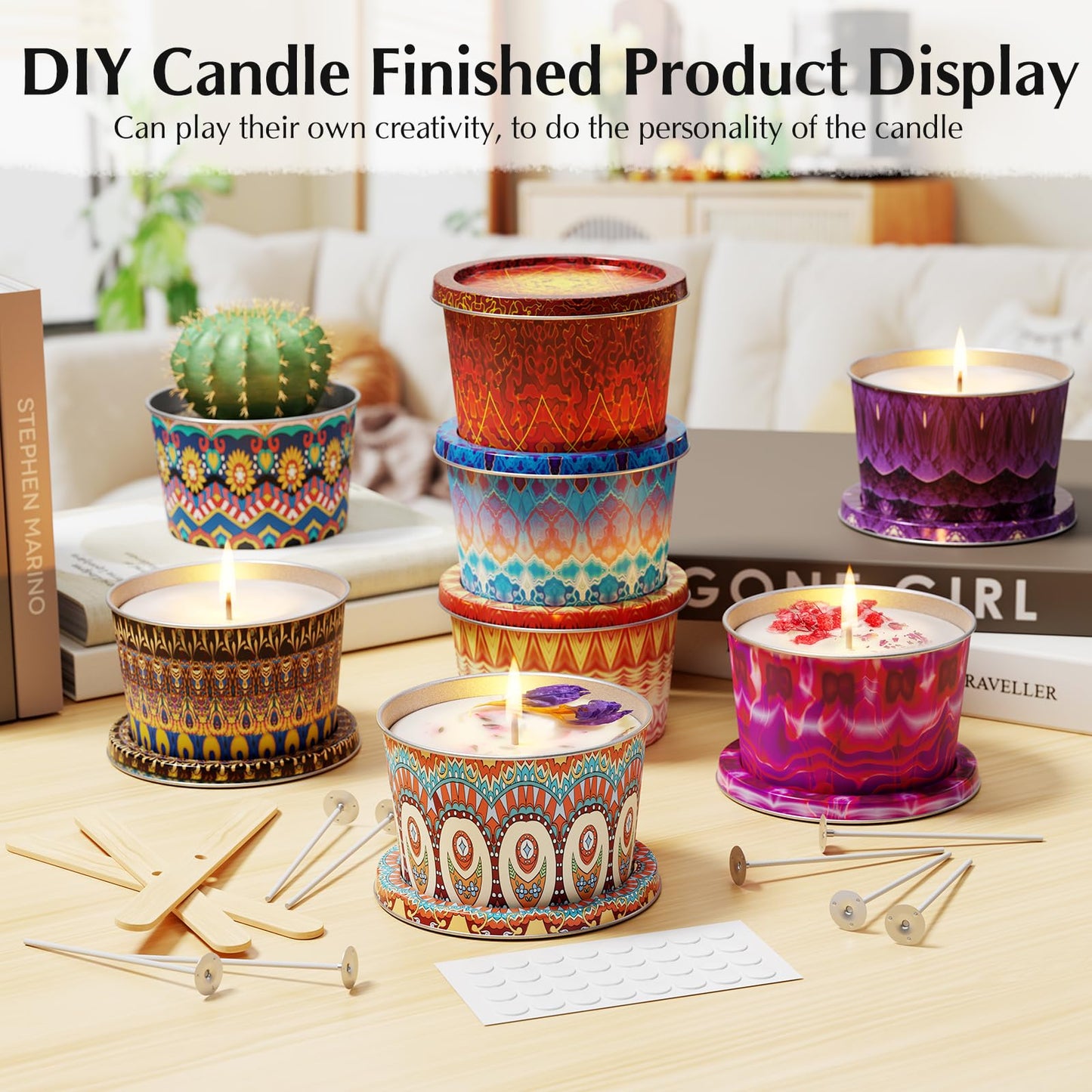 Happyhube Empty Candle Tins for Making Candles, 24 Pack 2.5 oz Metal Containers, Travel-Friendly Rust-Proof Tins with Lids, 24 Patterns Jars(Colourful)