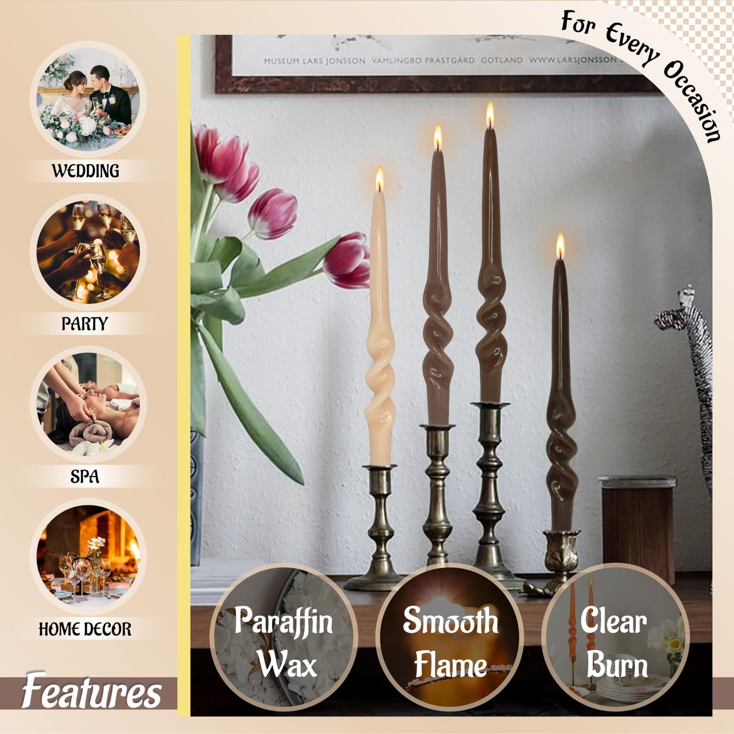 FLAMMUL Long Stick Candles Candlesticks - 9.5 Inch Spiral Taper Candles 4PCS Gradient Brown Tapered Candles Handmade Candlestick for Home Decor Wedding