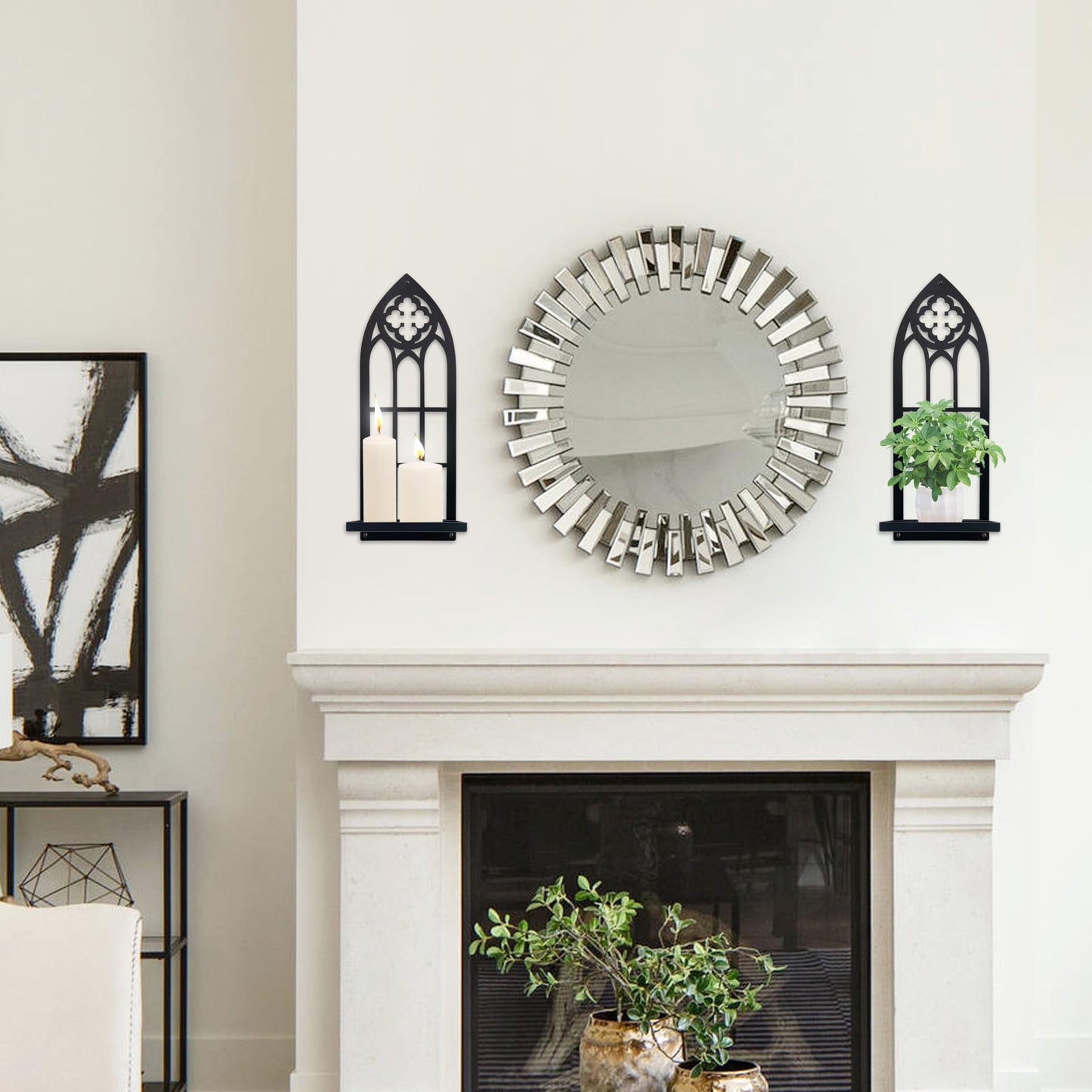 Gothic Wall Sconces Set of Two Candle Holder, Black Metal Gothic Wall Decor, Arched Church Wall Sconces, Rustic Farmhouse Home Wall Art Decor for Living Room, Bathroom, Bedroom, Dining Room(Church)