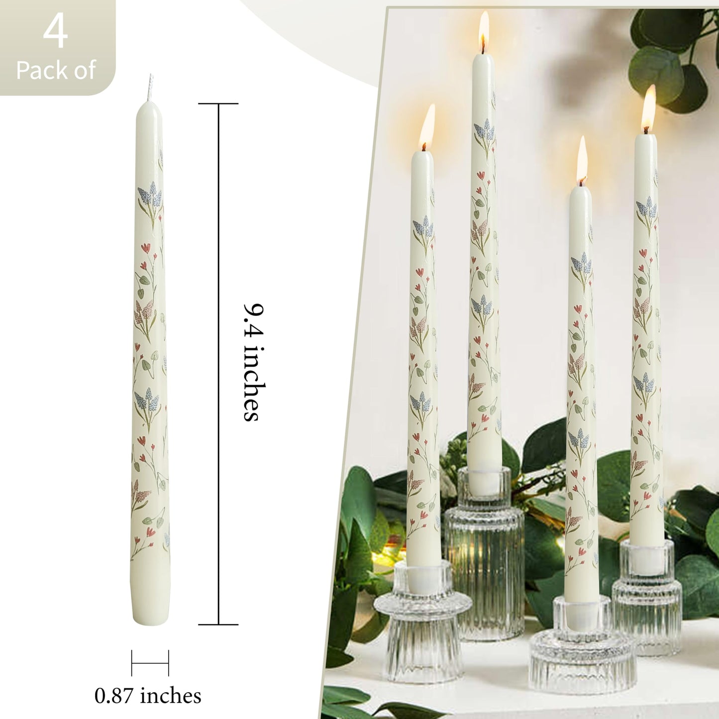 Hyacinth Printed Taper Candle Dripless Candles Sticks - 4 pcs Handmade White Taper Candle 10 inches Long Tapered Candles for Home Party Wedding Restaurant Holiday Decor