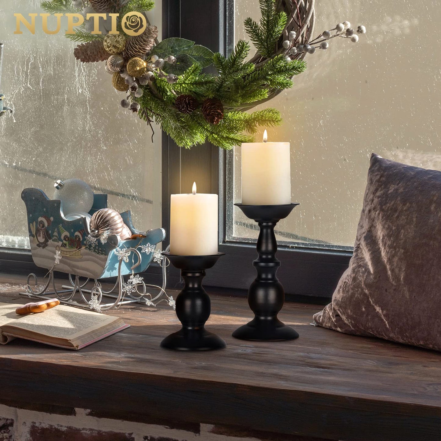 Nuptio Black Candle Holder for Pillar Candles - 2 Pcs Rustic Candle Holders Set Metal Candle Stand Tall Retro Fall Pillar Candleholder for Halloween Easter Farmhouse Fireplace Home Table Centerpiece
